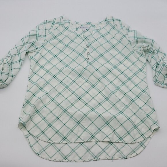 Kim Rogers Green & White Plaid Button-Front Blouse With 3/4 Sleeves - Picture 11 of 15